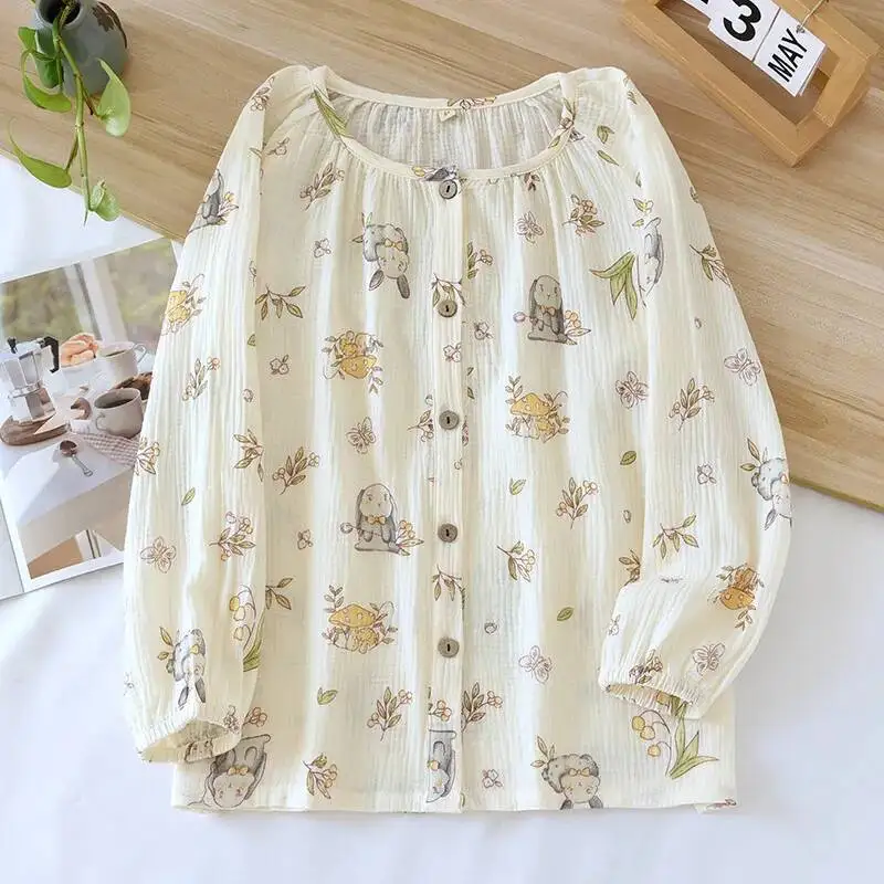 

Хлопковые топы для сна с круглым вырезом и принтом, тонкий кардиган с длинными рукавами, домашняя одежда, женская одежда для сна, весна и осень