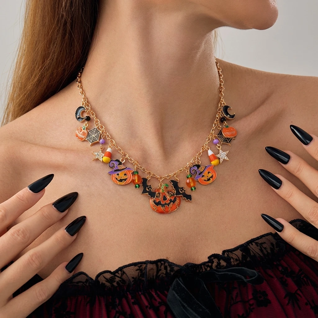 Halloween Pumpkin Charm Choker Necklace Lantern Bat Spider Web Moon Star Pendant Necklace Women Holiday Party Neck Jewelry