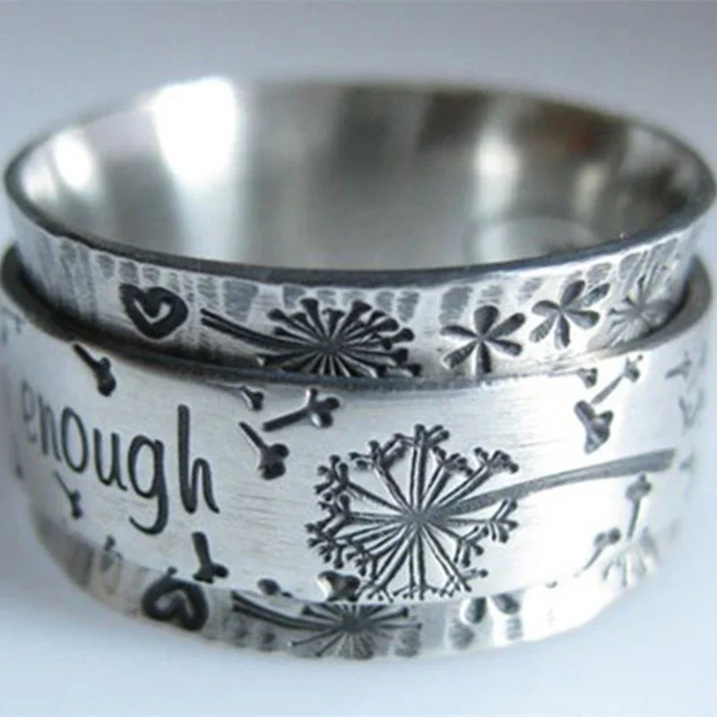 Vintage Silver Color Double Layered Dandelion Carving Wide Ring Lettering Inspiration Rings for Men Women Punk Custom Jewelry