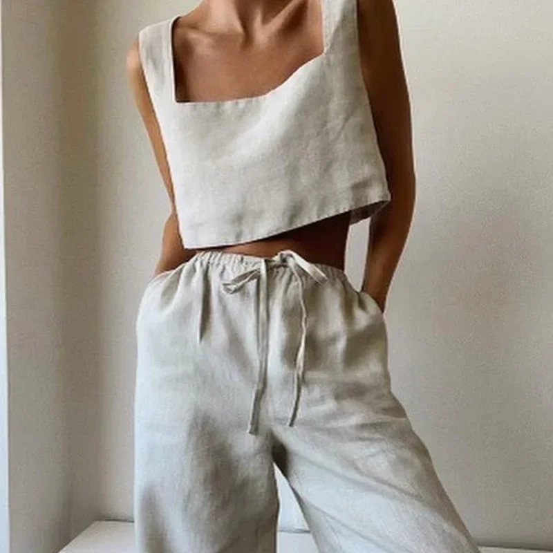 100% 린넨 화이트 크롭탑 2024, 빈티지 스퀘어 칼라 민소매 스트리트웨어, 그린 탑 패션 의류, 여름