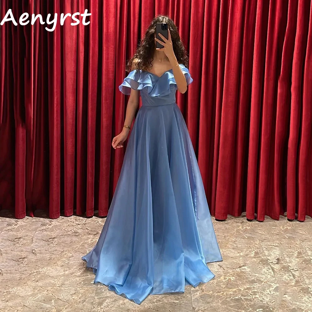 Aenyrst-Mulheres Fora do Ombro Ruffles Vestido de Noite, Vestidos Azuis de Baile, Organza, Linha A, Decote V, Até o Chão, Elegante, Comemorar