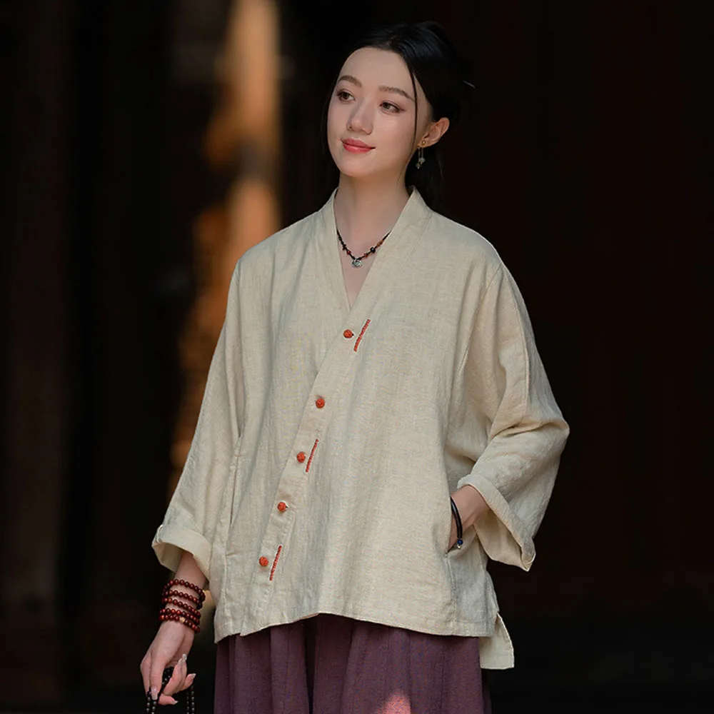 Korean Version Ramie Cotton Solid Color Long Sleeve Blouse Women's Retro Hanfu Hand-Stitched V-Neck Disc Buckle Loose Short Coat