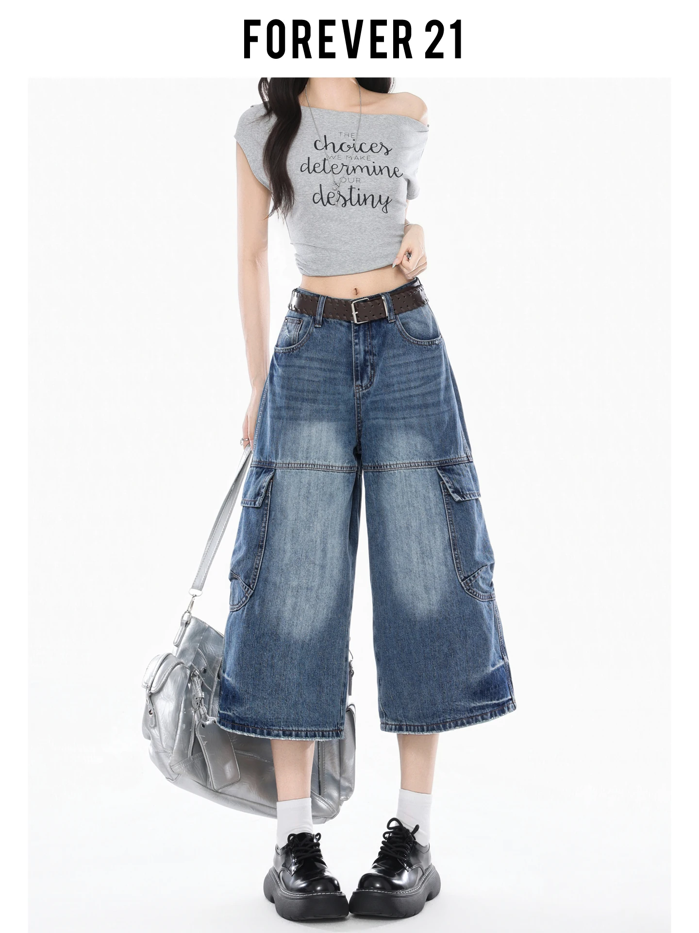 Jeans de Mezclilla de Pierna Recta y Cintura Alta Forever 21, Pantalones a Media Pantorrilla, Jeans Casuales de Trabajo de Pierna Ancha Azules Retro Americanos para Mujer