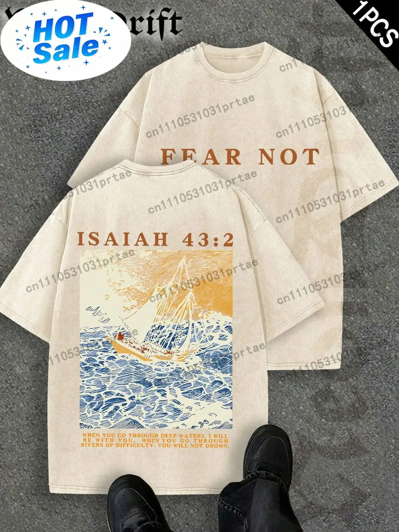 NeonDrift Double-Sided Printing Halloween, Christmas, Thanksgiving Gifts-Fear Not Isaiah 43:2 Christian T-Shirt With Ocean Wave