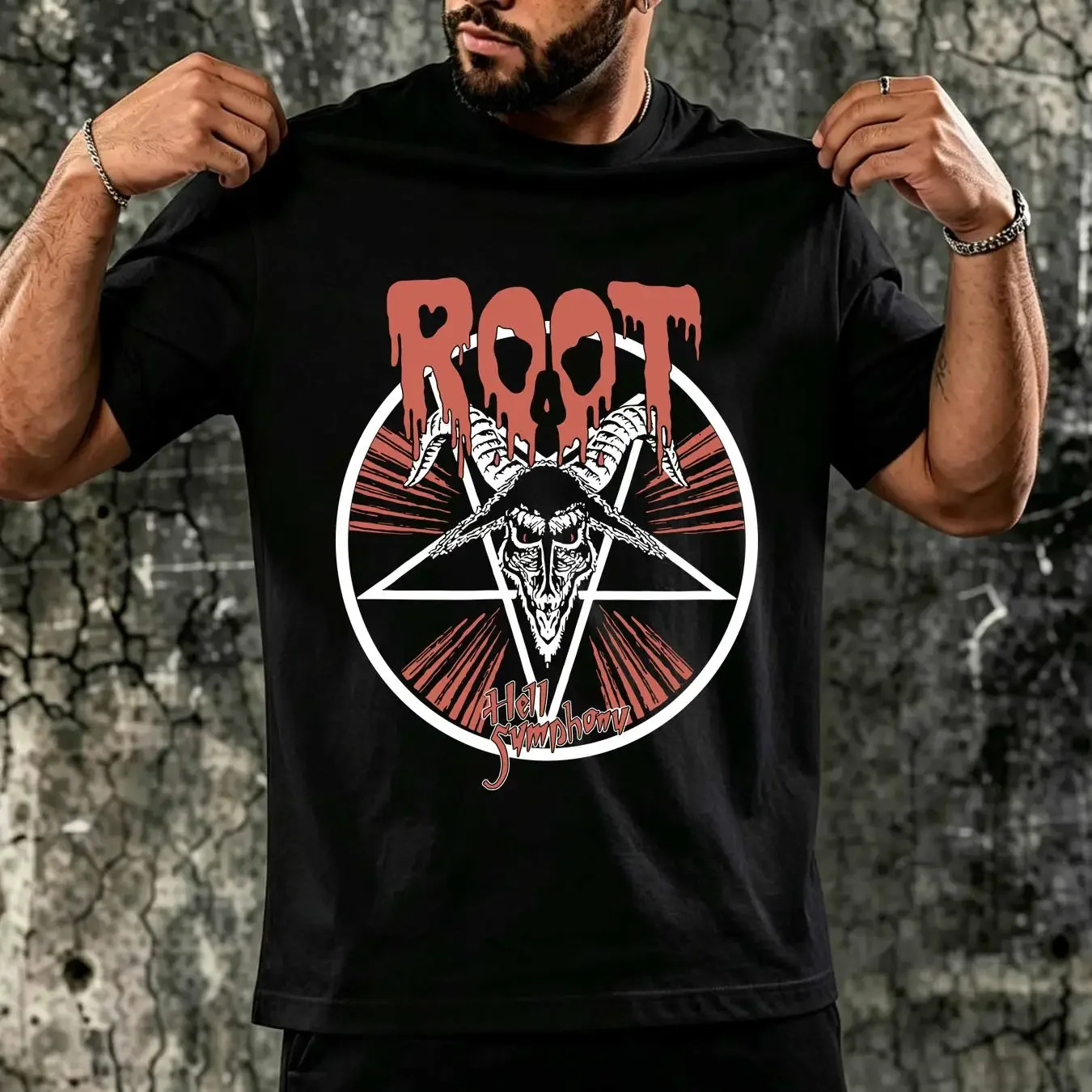 washed T Shirt ROOT Hell Symphony XL Black Mens Band Logo long or short sleeves vintage Washed Slightly Breathable