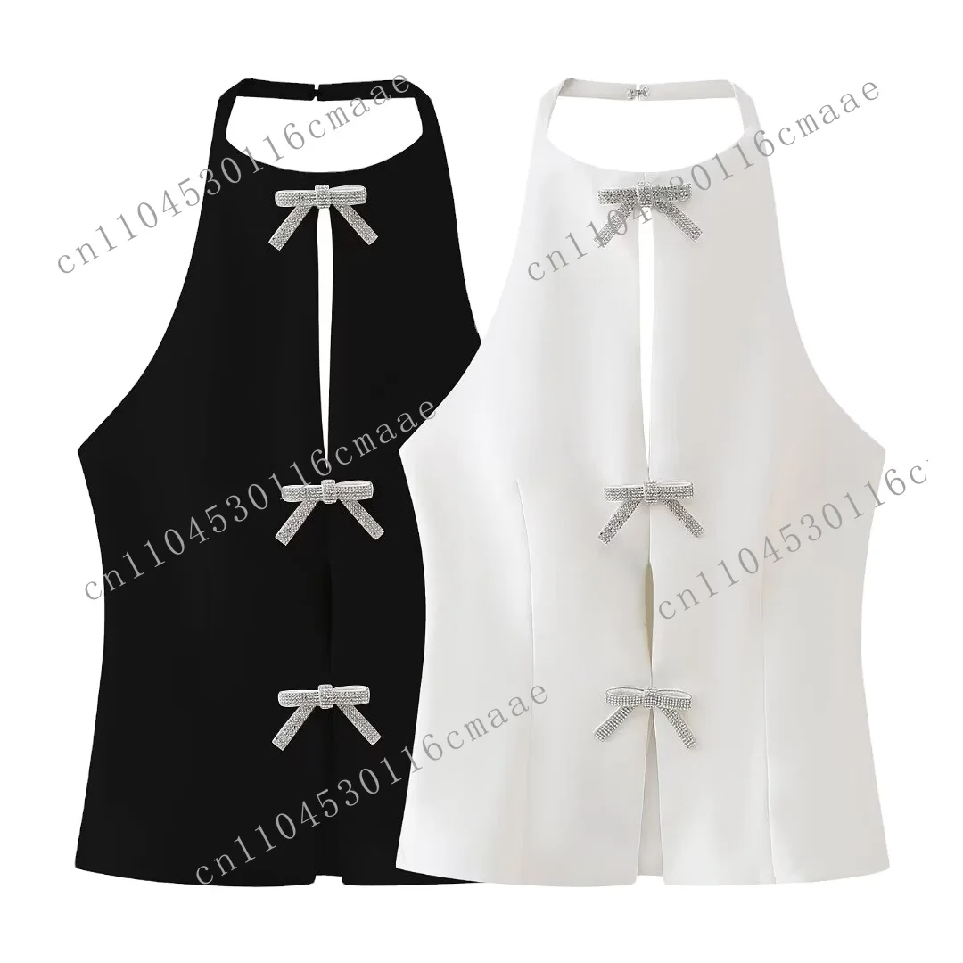

Women 2024 Summer New Chic Fashion Jeweled Bow Hanging Collar Tank Tops Vintage Backless Female Camis Chic Tops