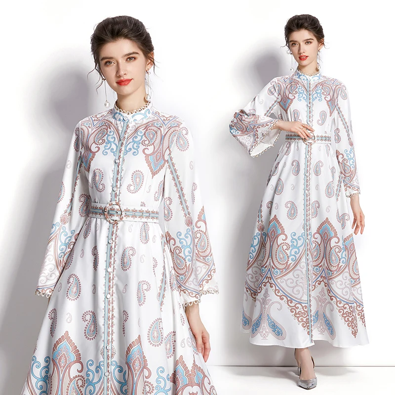 

YZZ Vintage Print Long Dress Lady Flare Sleeve Elegant Dress Female Clothing Autumn Vestidos