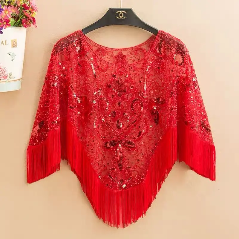 Cape Batman Top New Blouse Women\'s Summer Mesh Sunscreen Clothing Lace Large Size Loose Fringed Pullover Shawl