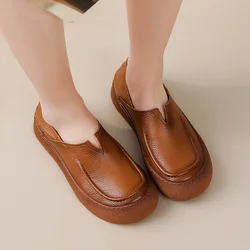 New Authentic Leather Flats Women's Driving Shoes 2026 Spring Loafers Handmade Retro Moccasins Woman Wide Toe Comfortable Shoes