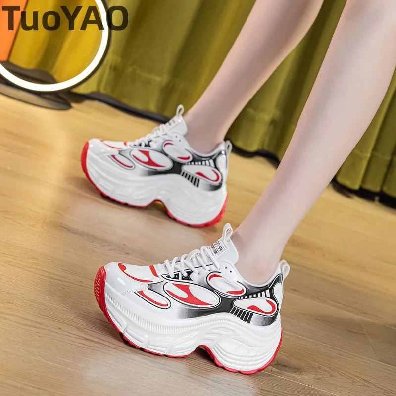 

9cm Chunky Sneakers Heel Platform Sneakers for Women Casual Shoes Genuine Leather Autumn Fall Comfortable Fashion Sneakers