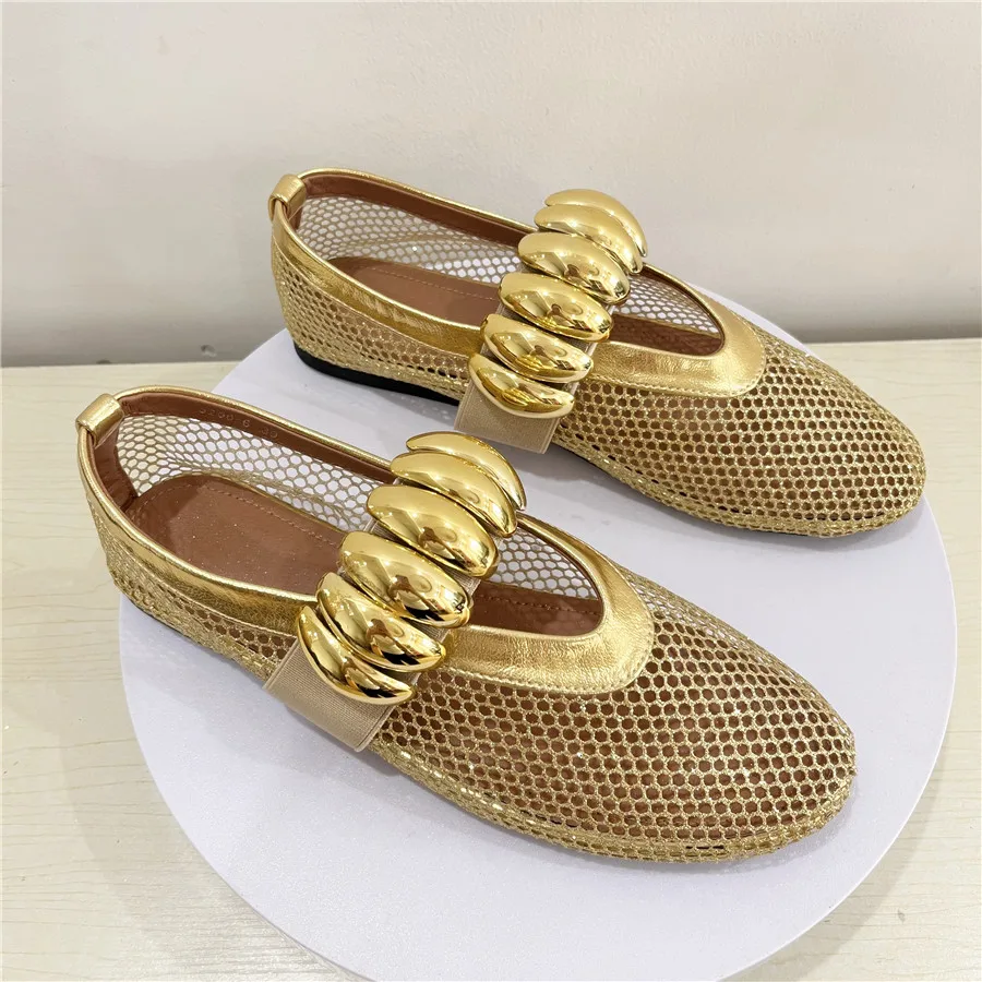 Gold Hollow Out Women Ballet Flats Mesh Walking Loafers Ladies Mary Janes Elastic Band Flat Shoes Espadrilles Summer Sandals