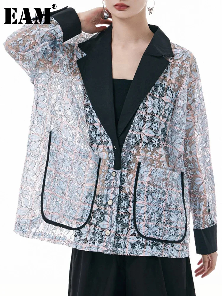 EAM-Veste en dentelle à manches longues pour femme, grande taille, blazer décontracté, revers, mode, marée, printemps, automne, 2024, 1DH3294