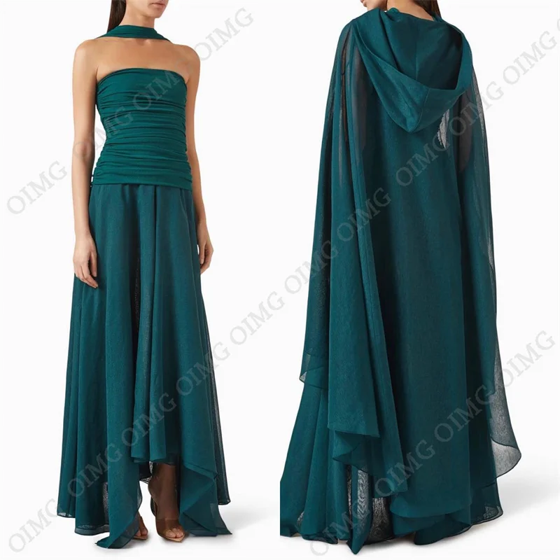 OIMG Luxury 2Pcs Green Evening Dresses Chiffon Cap Sleeves With Cape Ruched Elegant Women Wedding Party Gowns Vestido Formatura