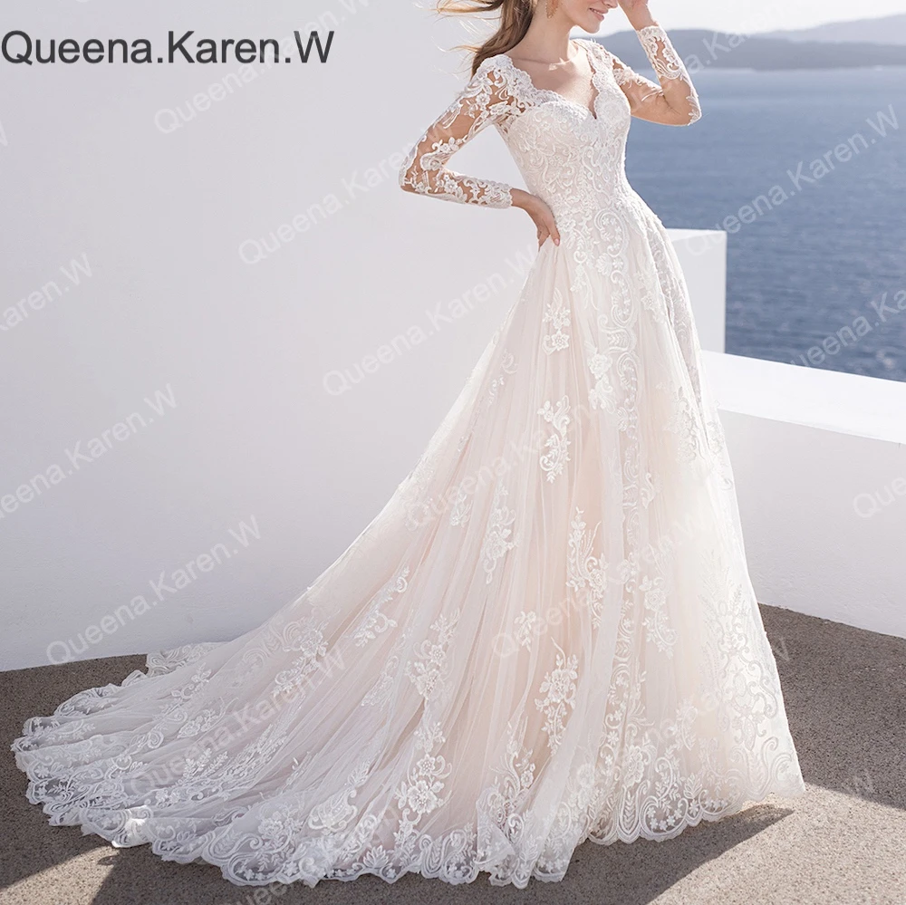 Queena.Karen.W Elegant A line Wedding Dress long sleeve V Neck lace bride dress robe de mariee A line Wedding Bridal Gown