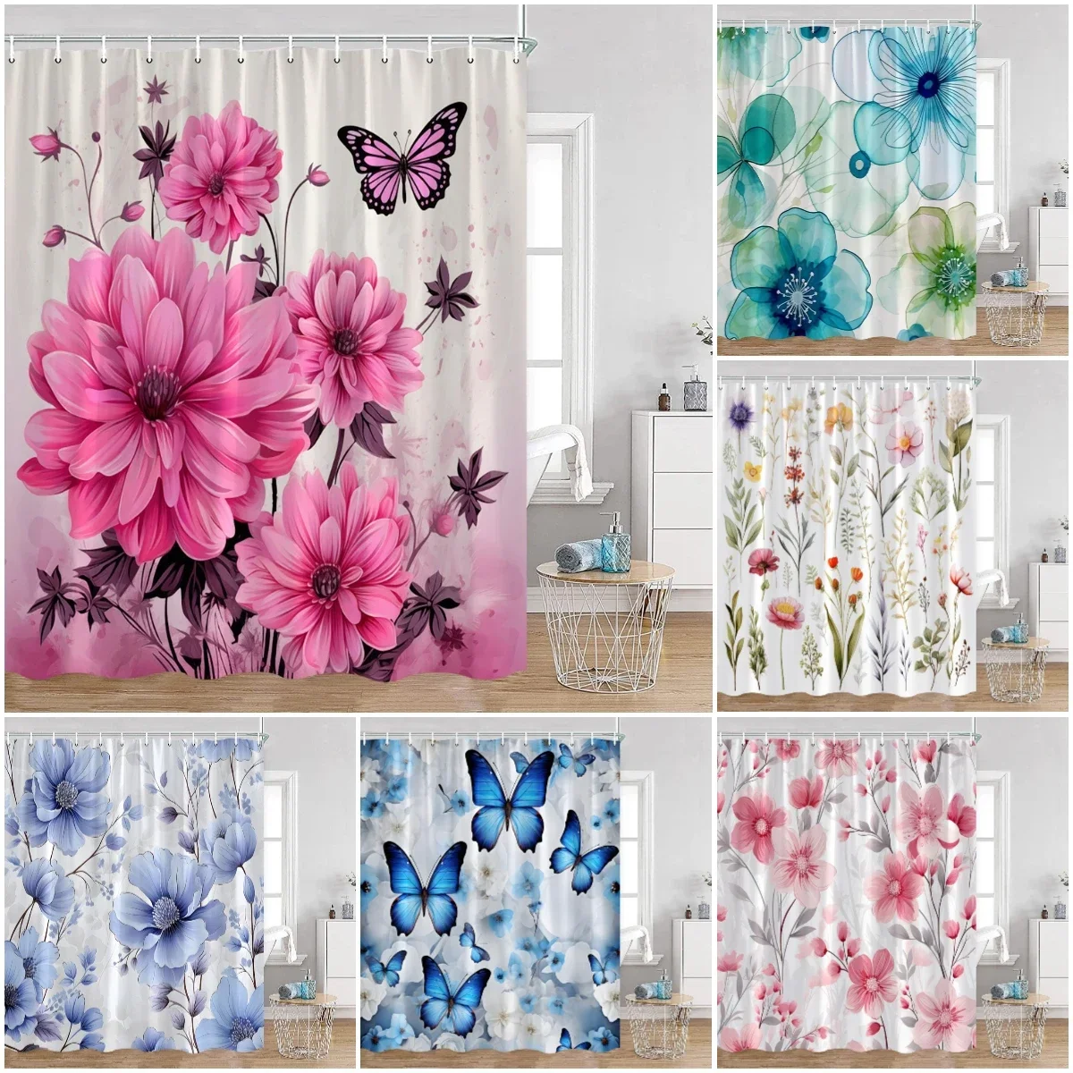 

Акварельные занавески для душа с цветочным узором, красочные цветы, бабочка, зелень, растения, природный домашний декор для ванной комнаты, занавеска для ванны