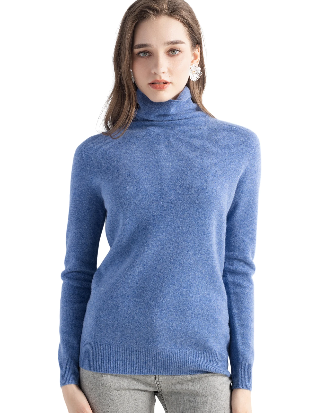 المرأة محبوك البلوزات سترة الكشمير المعنقة 100% ميرينو الصوف الياقة المدورة طويلة الأكمام البلوز الخريف الشتاء الملابس Top البلوز #5