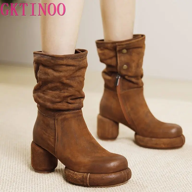 GKTINOO Genuine Leather Long Boots Women Shoes Zip 2024 New Autumn Winter Handmade Round Toe Leisure Concise Platform Boots