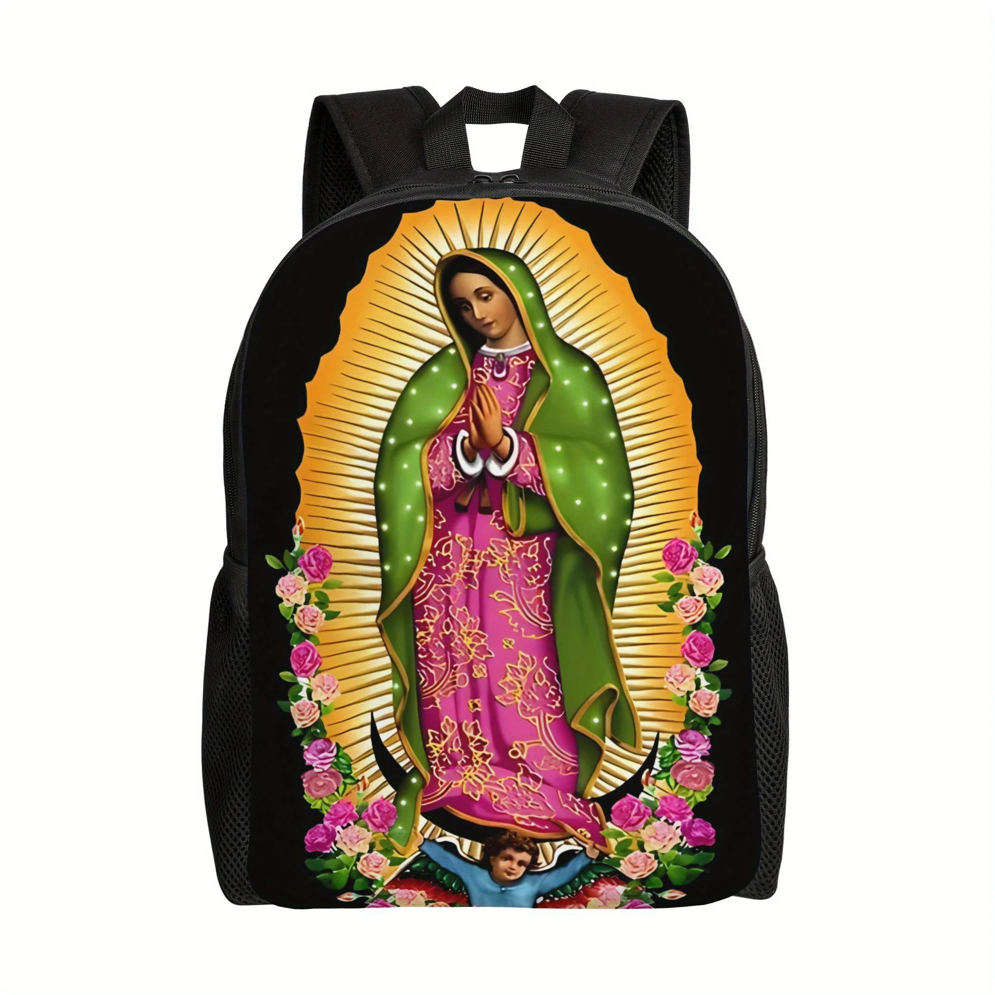 Our Lady of Guadalupe Backpack - Vibrant Religious Design with Floral Accents, Black, Perfect for College Camping