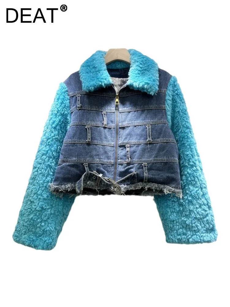 

DEAT Women's Coat Patchwork Denim Colorful Lamb Wool Single Breasted Warm Cotton Padded Jackets 2024 Winter New Fashion 29L8599