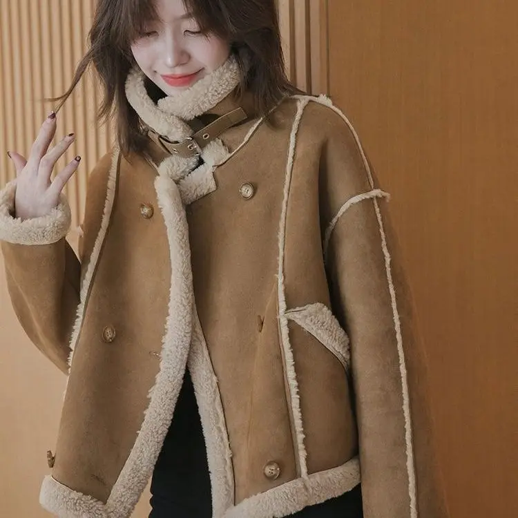 

Shearling Moto Jacket Women's Short Winter Coat Thickened Faux Fur Lined Oversized Fit Plush Bomber Jacket