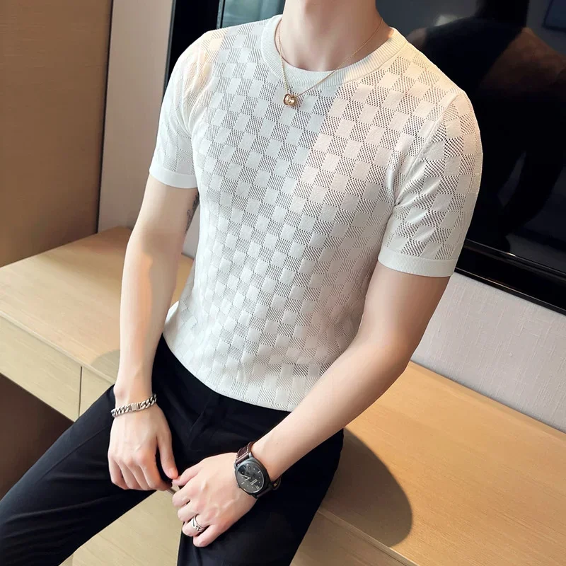 Men\'s Short Sleeve T-shirt 2023 Summer Thin High Elastic Slim Fit Knit Tee Shirts Tops O Neck  Solid Casual Fashion Men Clothing