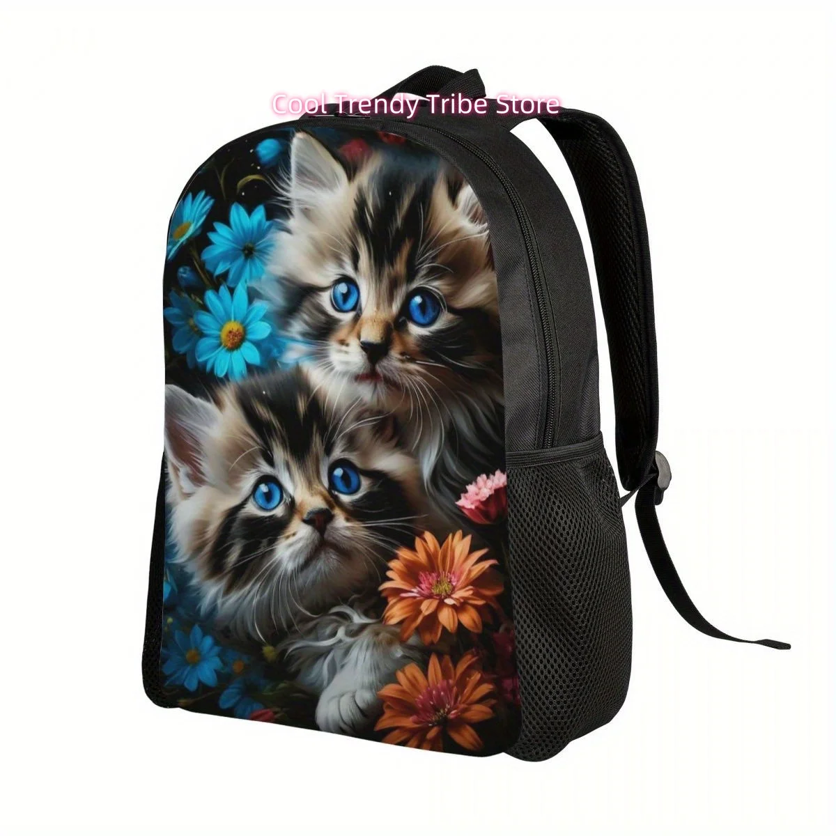 Cute Kitten and Flowers Backpack - Large Capacity, Lightweight Daypack with Adjustable Straps for Men and Women, Ideal for Colle