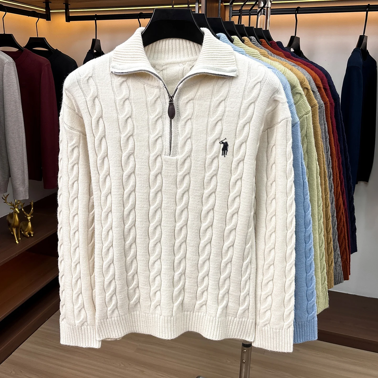Herbst Winter Neuer Pullover Klassische Mode Jacquard Herren Retro Reißverschluss Stehkragen Luxus Paul Pony Stickerei Lässiger Strickpullover – Detail 7