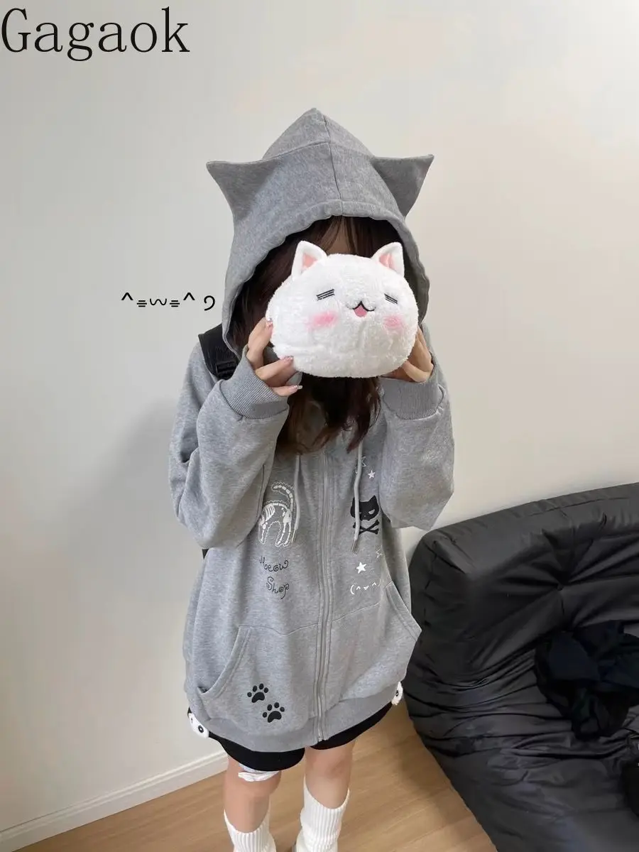 

Gagaok японский стиль милые серые кошачьи ушки толстовки с капюшоном женские осенне-зимние новые толстовки куртка нежная утягивающая кавайная одежда