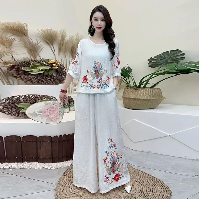 Ladies Fashion Cotton Linen Blouse 2PCS Korean Women Embroidery Two Piece Suit Summer Female Large Size Wide Leg Pants
