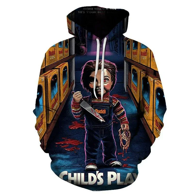 Chucky-Sudadera con capucha y estampado 3D para hombre y mujer, ropa de calle de terror, sudaderas de gran tamaño, jerséis para niños, chándal