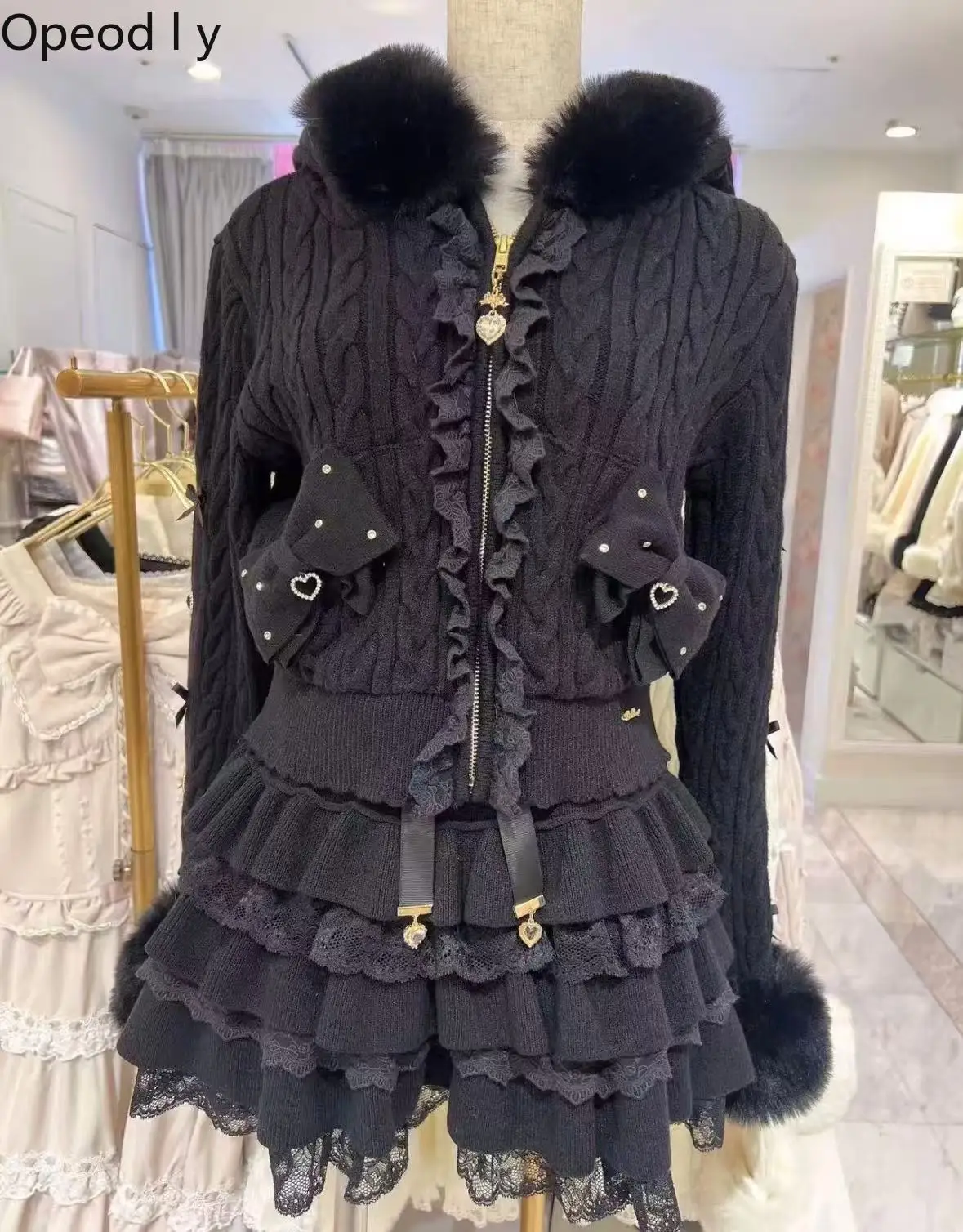 

Liz New Sweet Cute Hooded Plush Zipper Knitted Coat Cake Skirt Set Spring and Autumn Cute Girl Princess Lolita Outfits Women