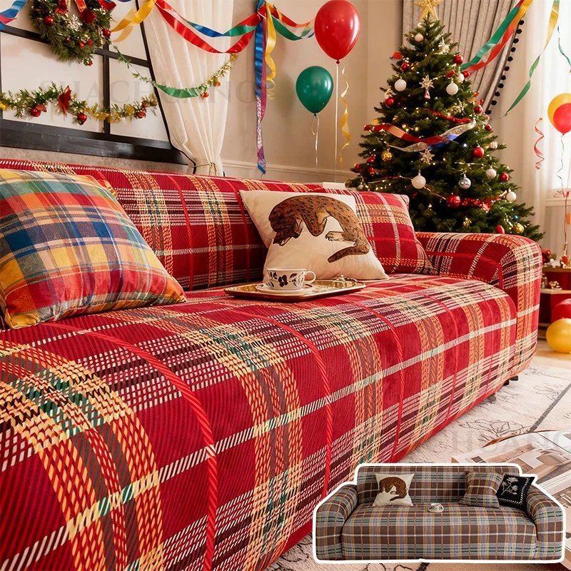 

2026 Christmas Plaid Sofa Cover Elastic Slipcover Holiday Decor Furniture Protector Washable Pet Friendly for 1/2/3/4/5 Seater