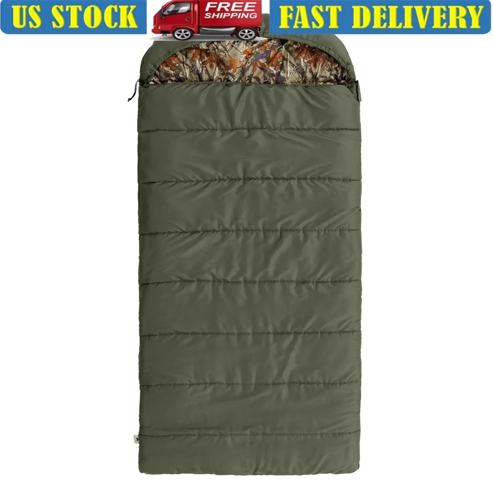 

Hooded Sleeping Bag 30F Camo Flannel Ideal Cool Weather Camping Built-in Straps Drawstring Cell Phone Pocket Rectangular Shape