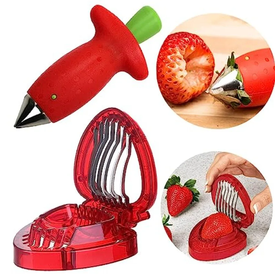 3 stks Aardbei Slicer Cutter Corer met Bladsteel Remover voor Keuken Salade en Cake Voorbereiding Inclusief 2 Verstelbare Stam Re