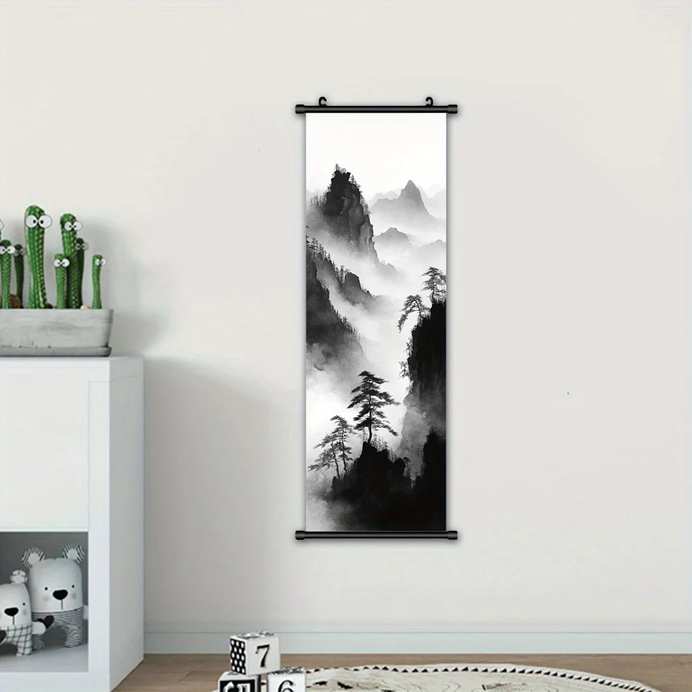 VIKAMA Japanese Pine Tree Mountain Mist Canvas Wall Art Scroll for Living Room Bedroom Home Decor Zen Wall Hanging