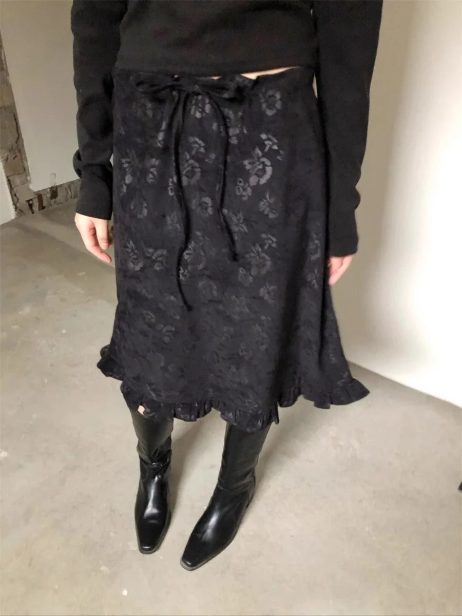 Retro Street Style Dark Rose Print Half-length A-line Skirt Versatile High-waisted Casual Floral Edged Mid-length Slimming Skirt