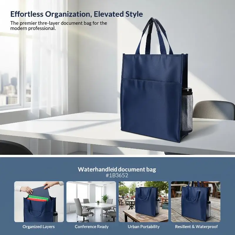 Waterproof Oxford Cloth Briefcase Zippered File Document Bag 14x11x4 Inch Lightweight Tote for Business Trips Daily Use
