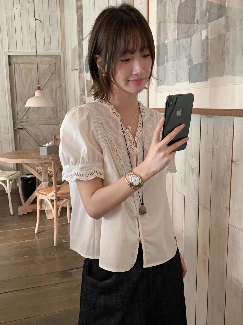 

4Colors Summer 2025 Korean Style V Neck Short Sleeve Shirt Loose Lace Office Wear Blouse Female Outwear tops (W11206)