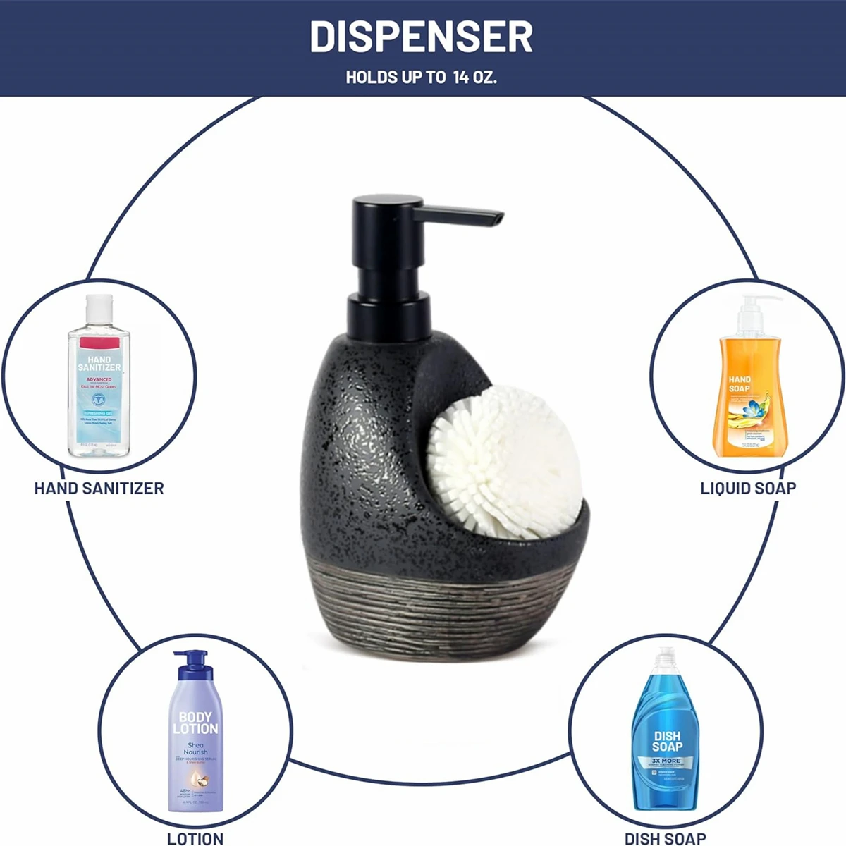 Ceramic Dish Soap Dispenser with Sponge Holder for Kitchen Sink, Empty Liquid Pump Bottle Dispenser Set for Bathroom, 1pcs 450ml