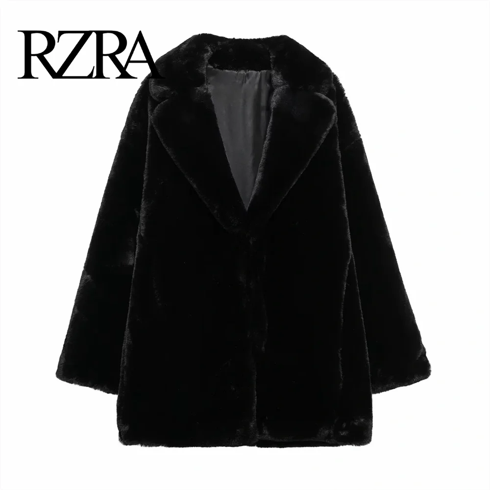 RZRA 2024 Autumn/Winter New Product Women's Versatile Black Artificial Fur Effect Long Sleeve Casual Coat Coat