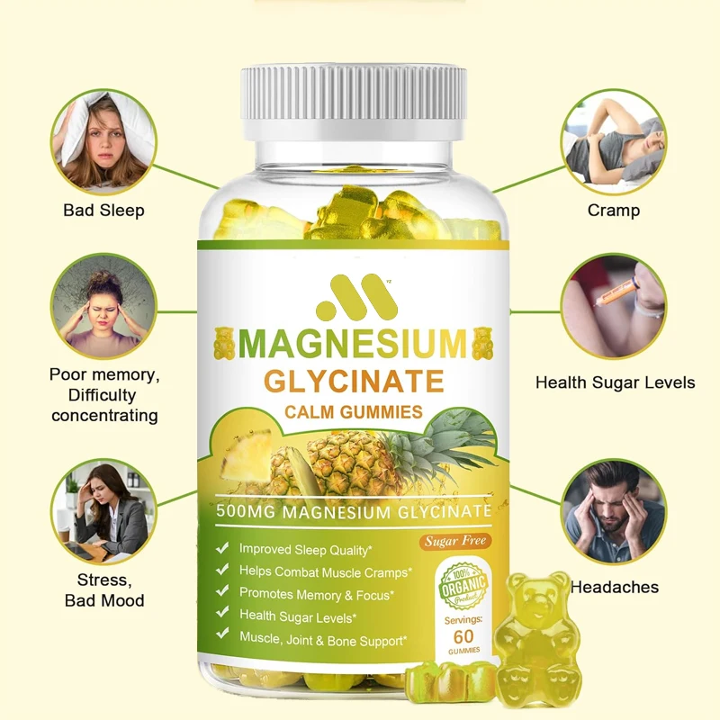 Citrate gummies 1000mg, taurine 500mg&Matale 200mg - Magnesium potassium supplement for calming mood 60 pineapple gummies