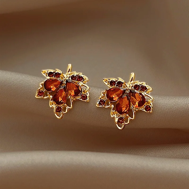 Korean Red Gem Maple Leaves Stud Earrings for Women Unique Delicate Zircon Crystal Ear Jewelry Wholesale Christmas Gift