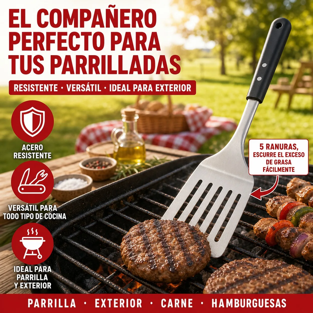 Fotografia 4: Espátula de Cozinha Profissional em Aço Inoxidável 430 com Cabo Ergonômico de PP, Espátula Plana com 5 Ranhuras para Drenar Gordura, Utensílio para Churrasco, Chapa e Frigideira, 34,5x8cm