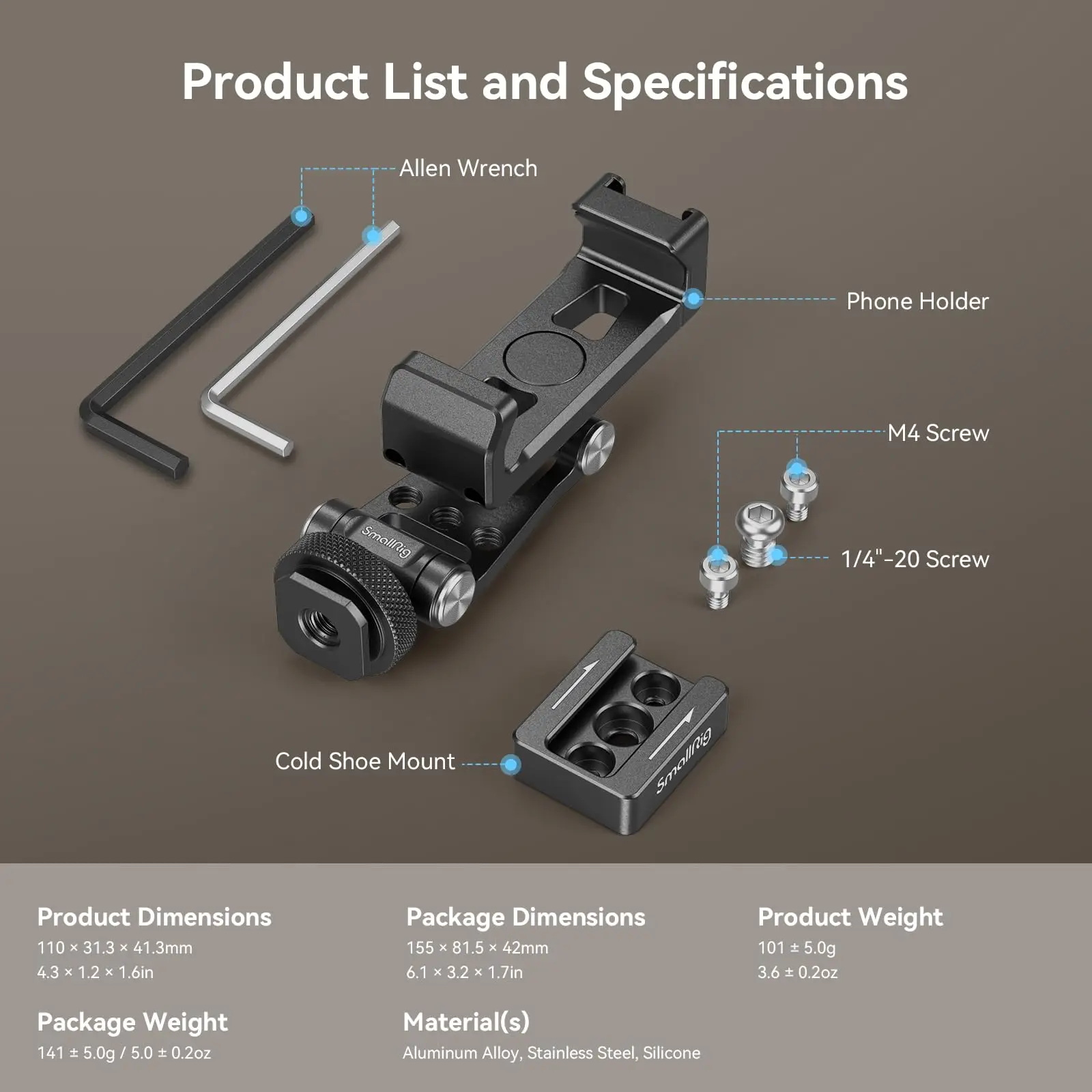 SmallRig metalen telefoonhouder met koude schoen voor 57-88 mm breedte telefoon snel schakelen voor microfoon, licht voor DJI RS 4 / RS 4 Pro
