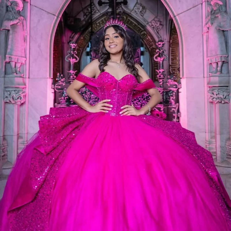 

Customized Rose Red Quinceanera Dresses Off the Shoulder Tull sequin applique layering Long tail Vestido De 15 Quinceanera