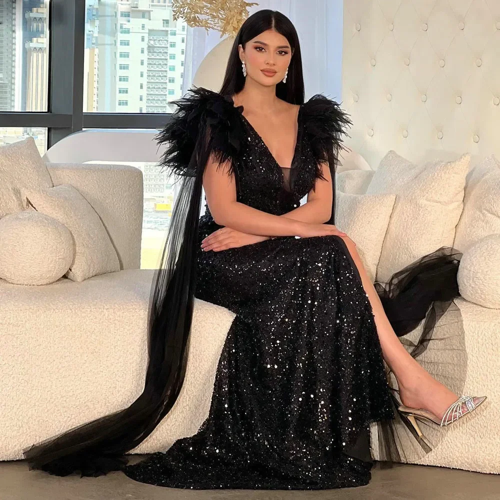 Sparkling black sexy fashion mermaid V-neck feather evening dress pack hip side slit elegant ladies formal PROM party dress