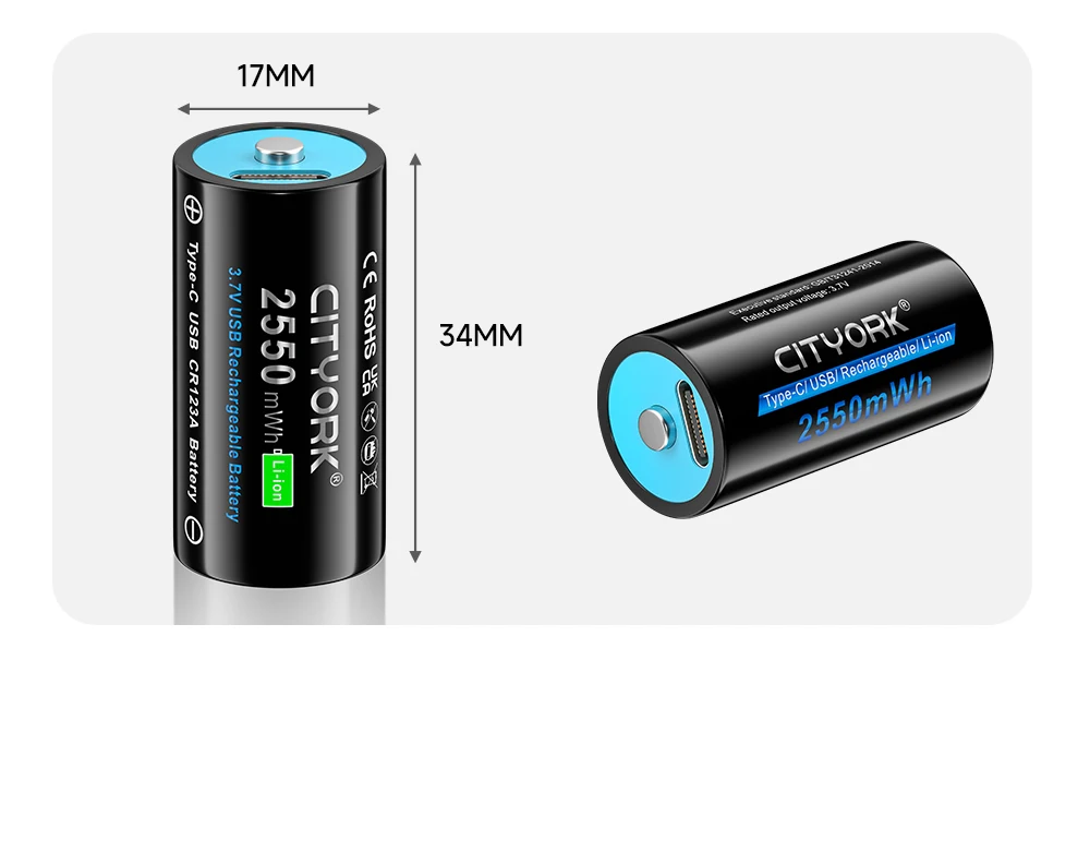 CITYORK CR123A Akku 2550 mWh 3,7 V wiederaufladbare Li-Ion 16340 Akkus 16350 RCR123 Akku für LED-Taschenlampe + USB-Typ-C-Kabel – Detail 15
