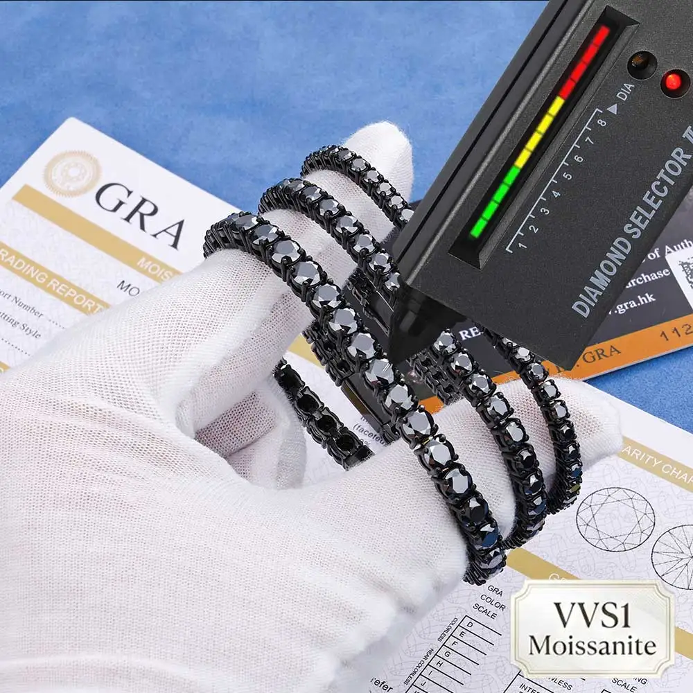 ESKEEM HIPHOP Moissanite Tennis Bracelet 3-4-5mm Black VVS1 GRA Black Plated Fashion Tennis Stainless Steel Bracelet for Hand