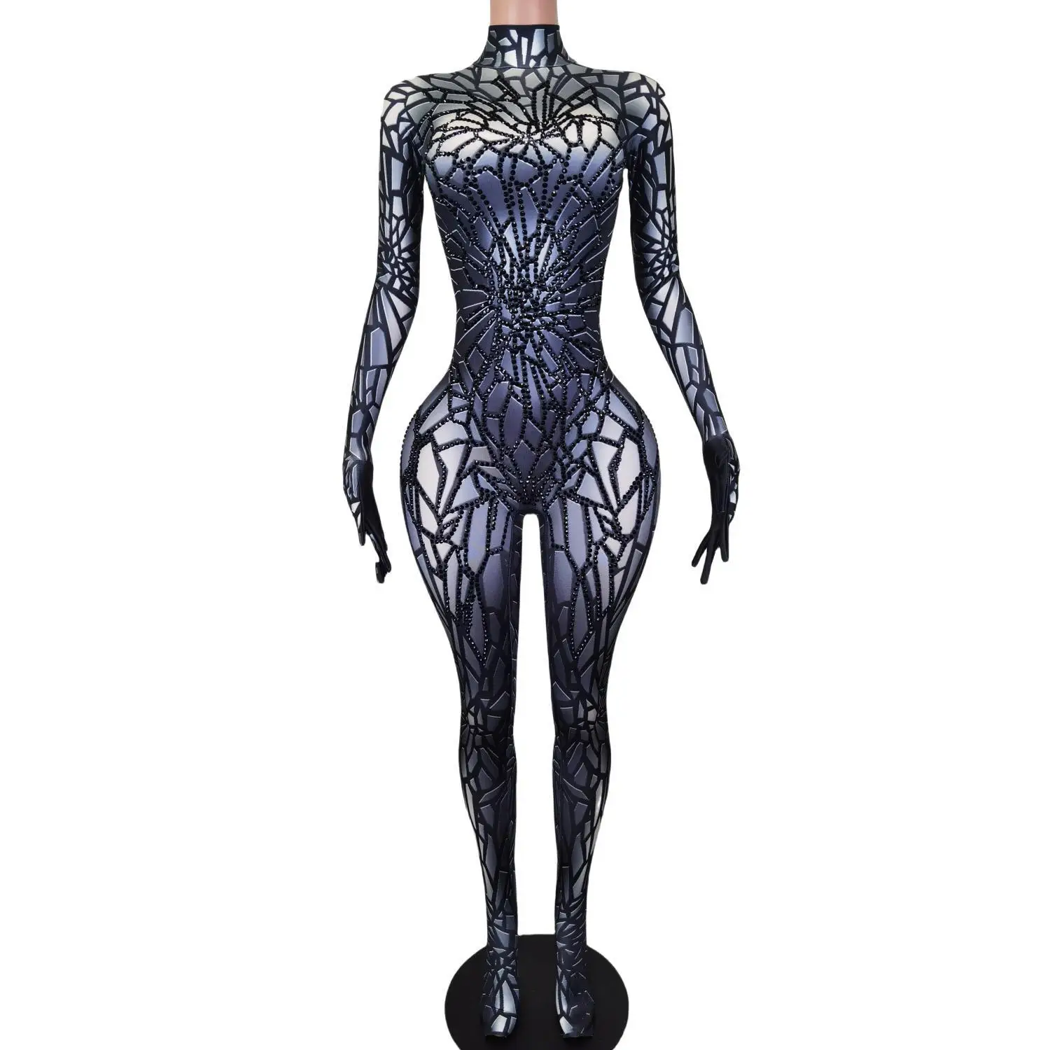 

Sexy Stretchy Nightclub Party Outfit Sparkly Diamonds Jumpsuit Gloves Dancer Performance Costume Photo Shoot Show Wear Posui