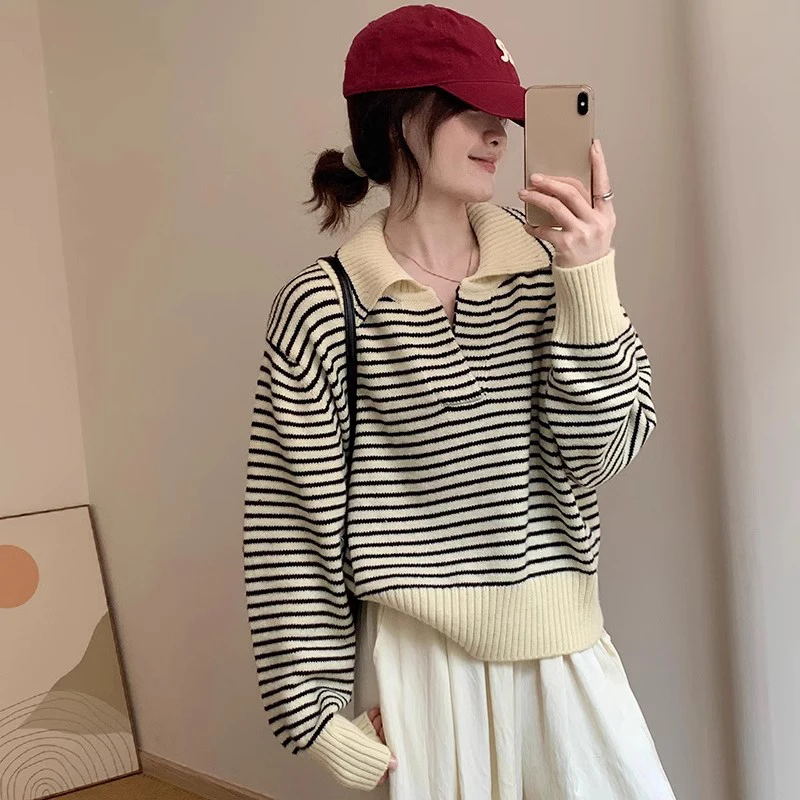 

Spring Autumn All-matched Women Striped Sweater Loose Turn-down Collar Full Sleeve Pullover Tops Casual Ladies Knitted Shirts